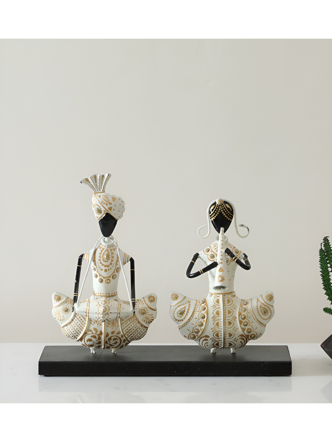 vedas Couple Musician White Metal Metallic Living Room Large Showpiece - 9.5 Inches