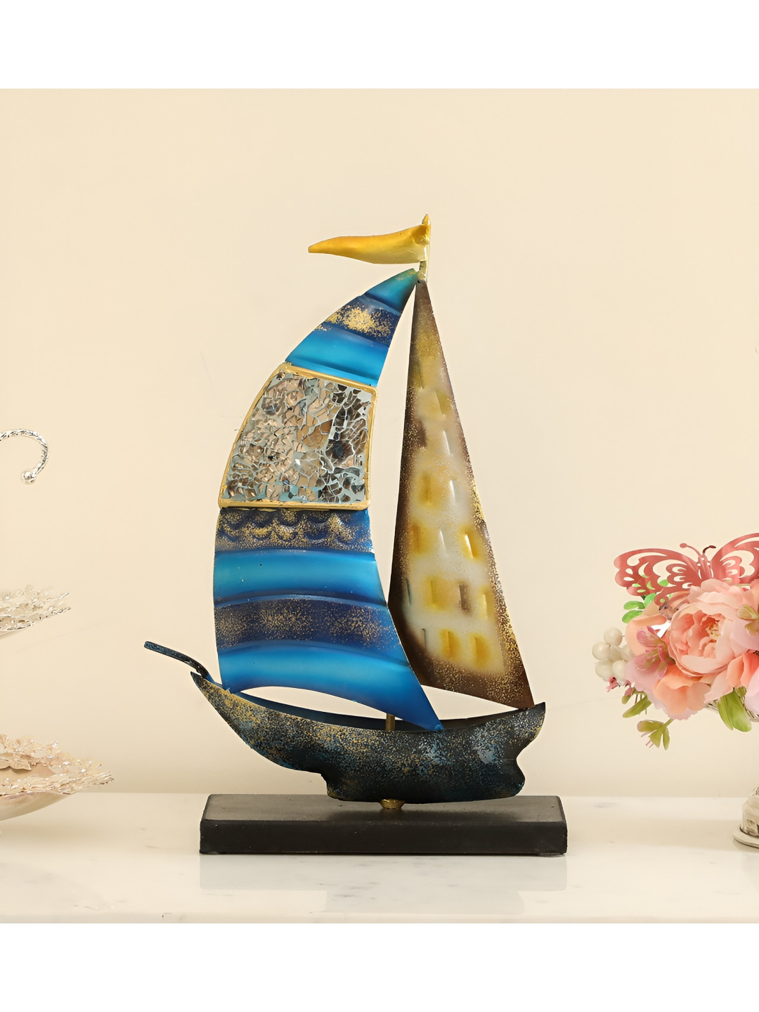 vedas Boat Blue Metal Metallic Living Room Medium Showpiece - 14 Inches