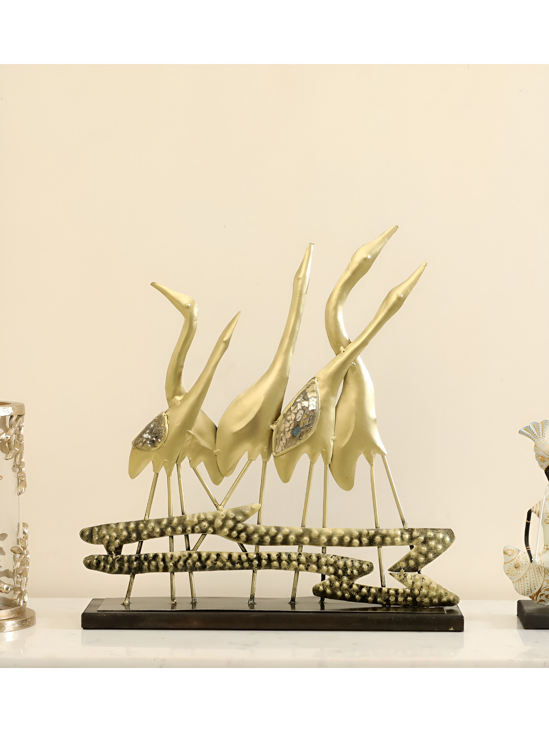 vedas F-Flamingo Yellow Metal Metallic Living Room Medium Showpiece - 18 Inches