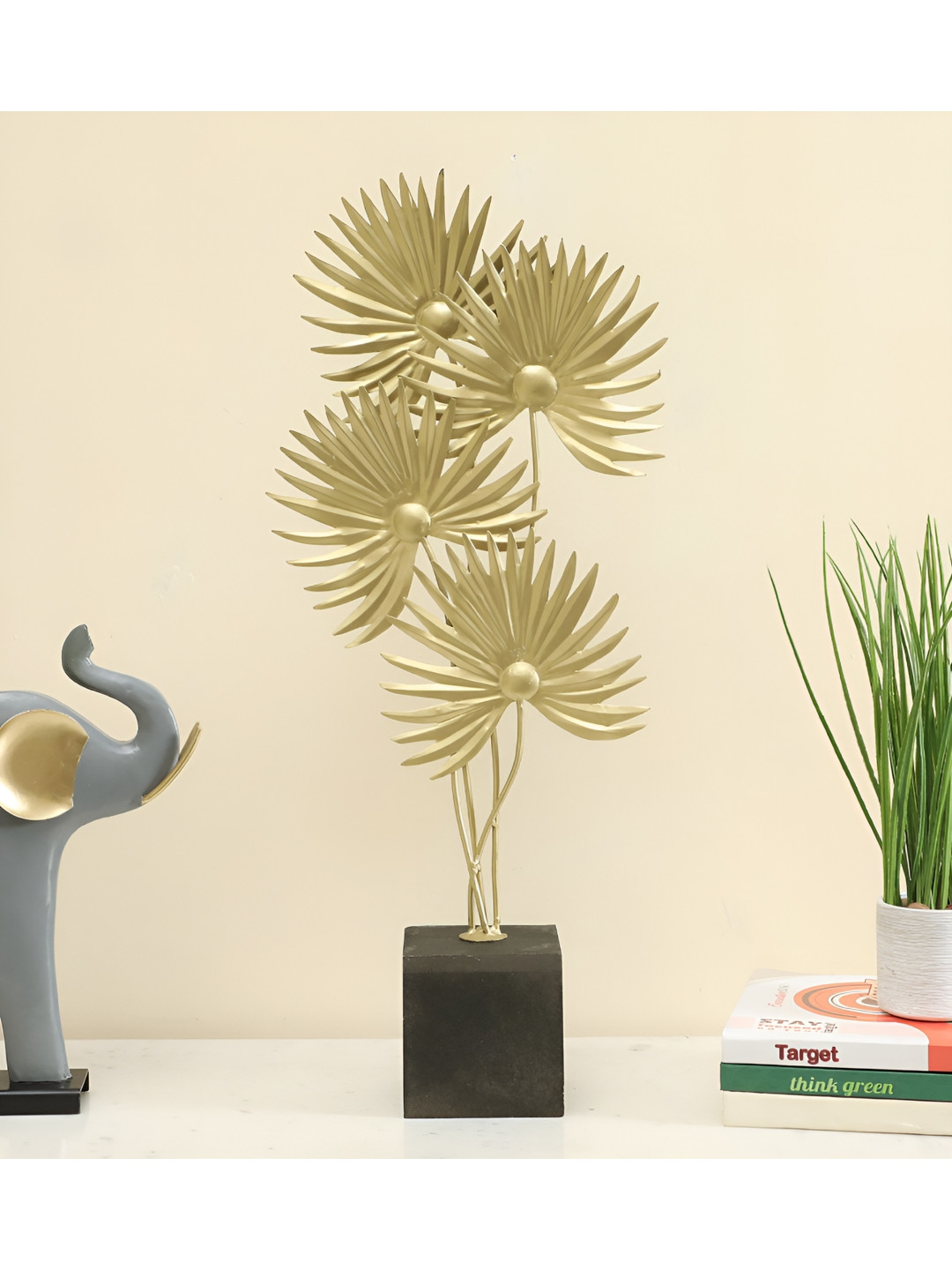 vedas Prisha Leaf Yellow Metal Metallic Living Room Large Showpiece - 23 Inches