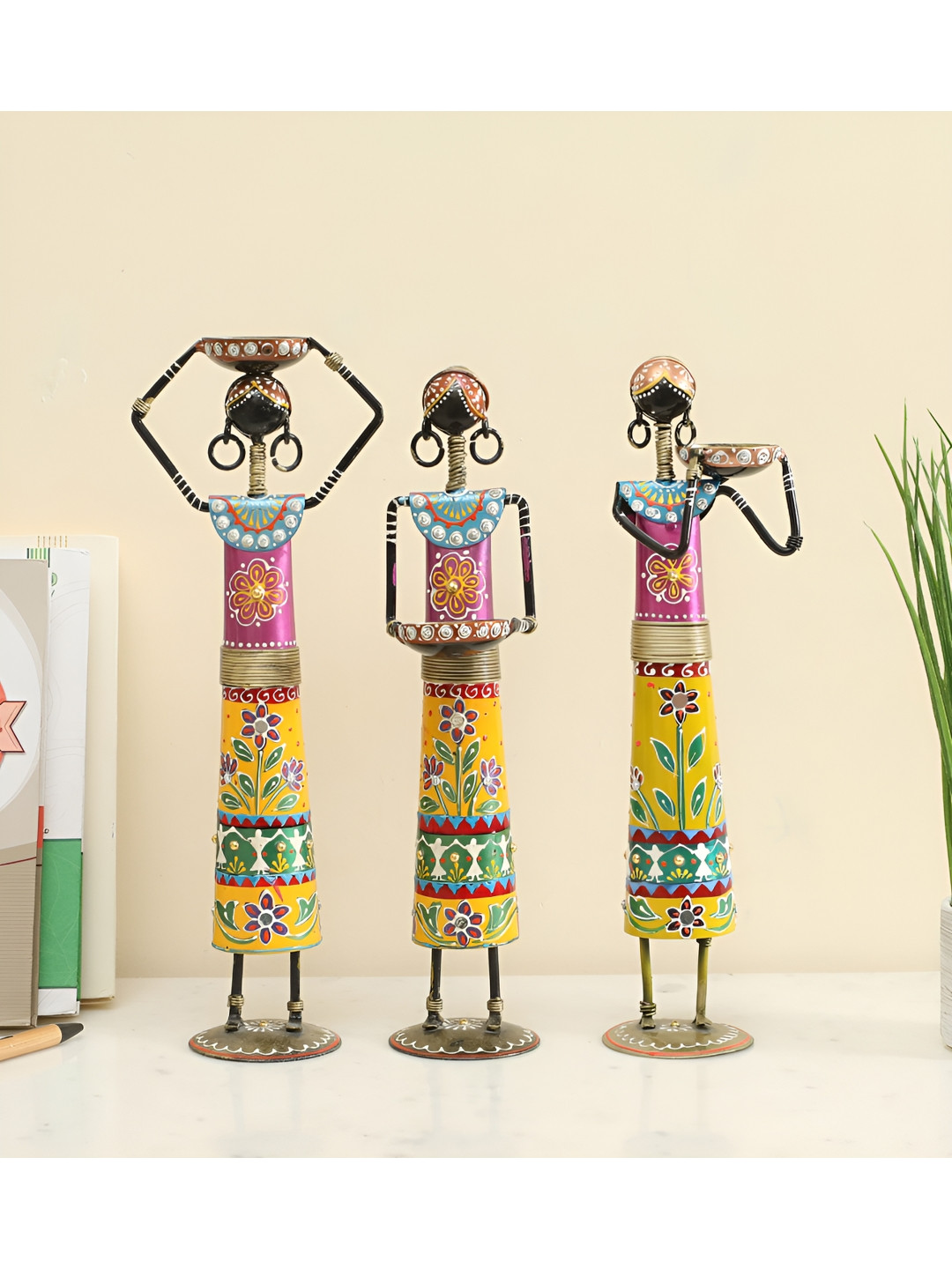 vedas Doll Yellow Metal Natural Living Room Set of 3 Large Showpieces - 14 Inches