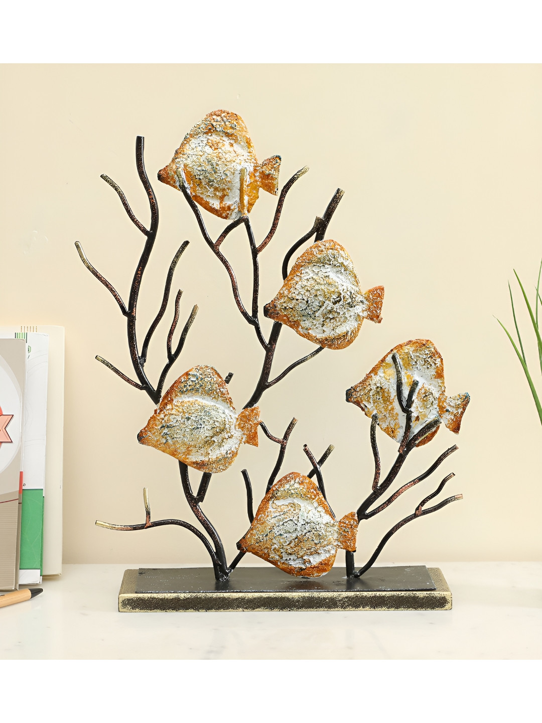 vedas Beli Fish Family Antique Vintage Brown Metal Metallic Living Room Large Showpiece - 18 Inches