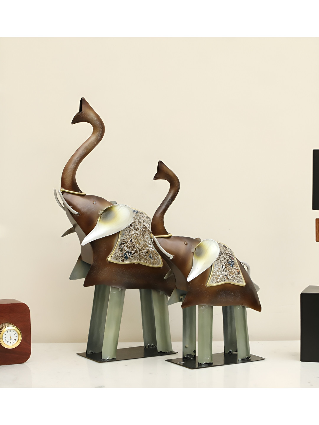 vedas Elephant Brown Metal Metallic Living Room Set of 2 Medium Showpieces - 19 Inches