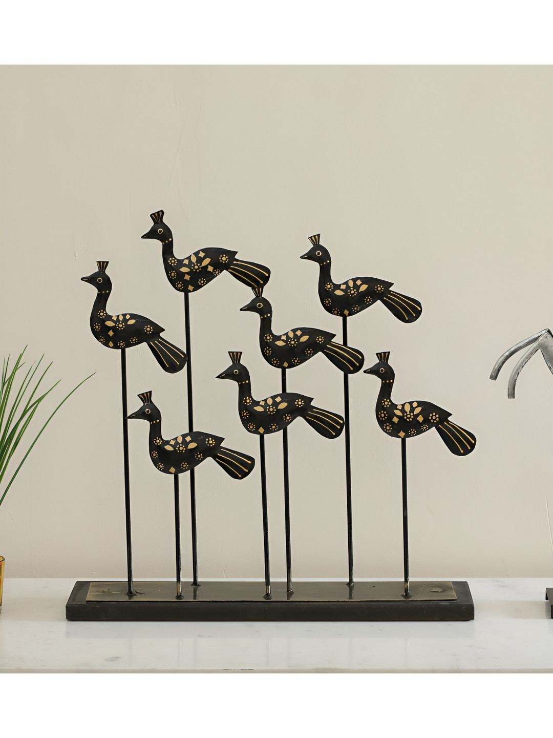 vedas Bird Black Metal Metallic Living Room Medium Showpiece - 17 Inches