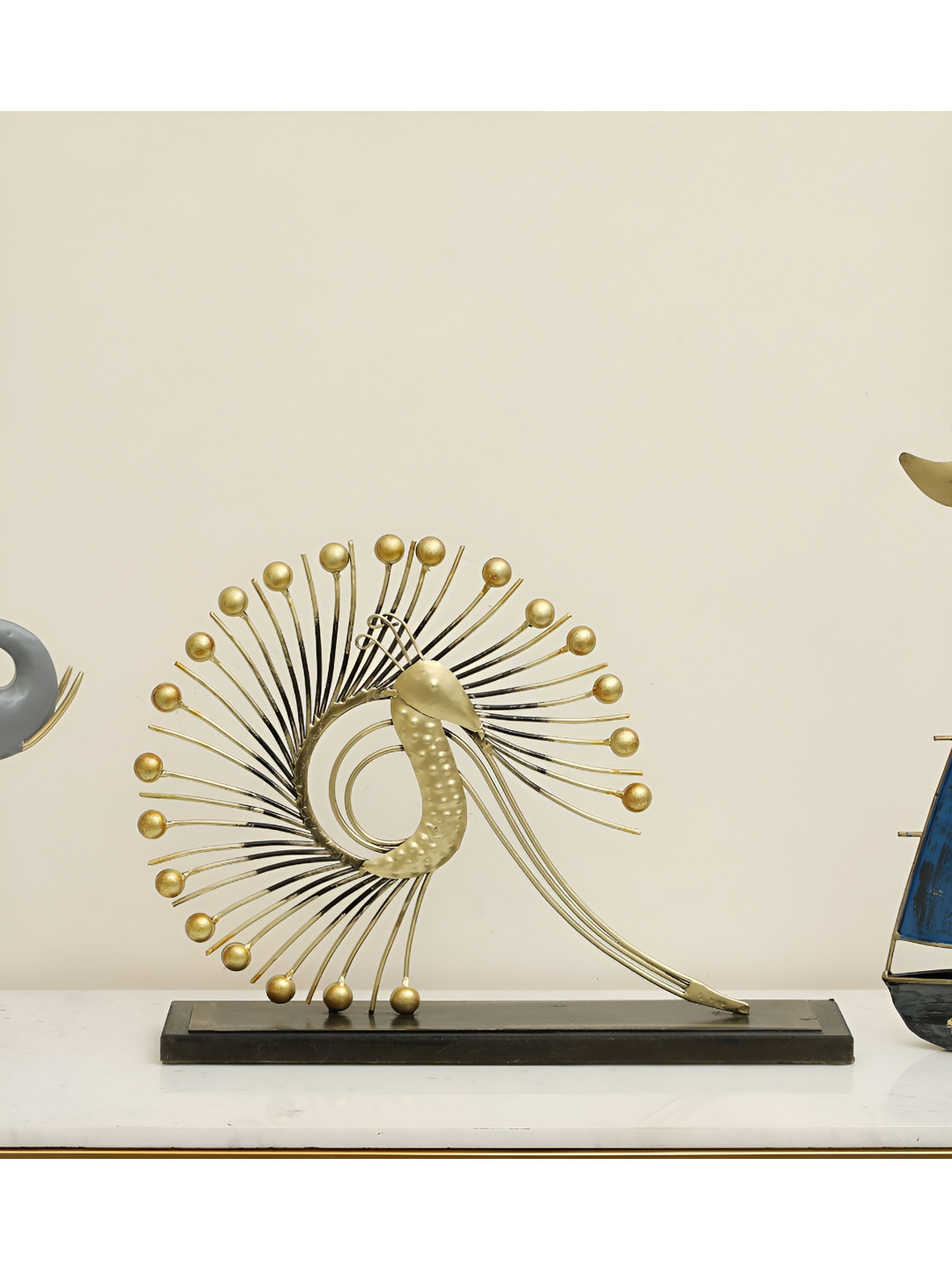 vedas F-Modern Peacock Yellow Metal Metallic Living Room Medium Showpiece - 13 Inches