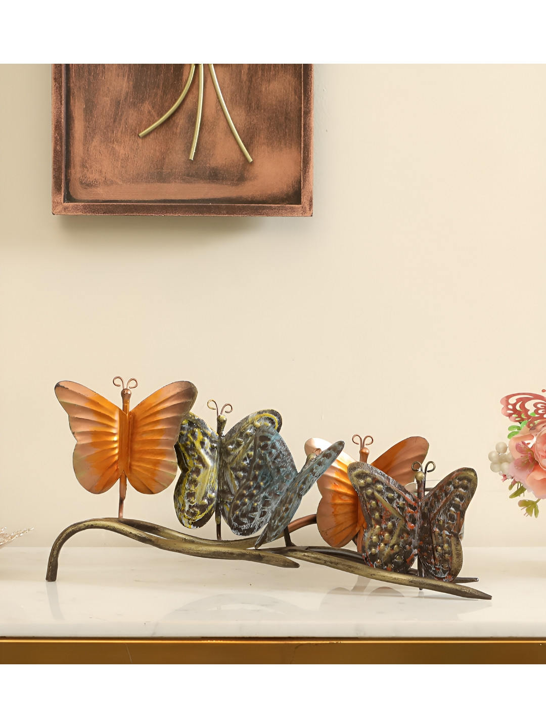 vedas T-Bunch Butterfly Orange Metal Metallic Home Office Medium Showpiece - 7 Inches