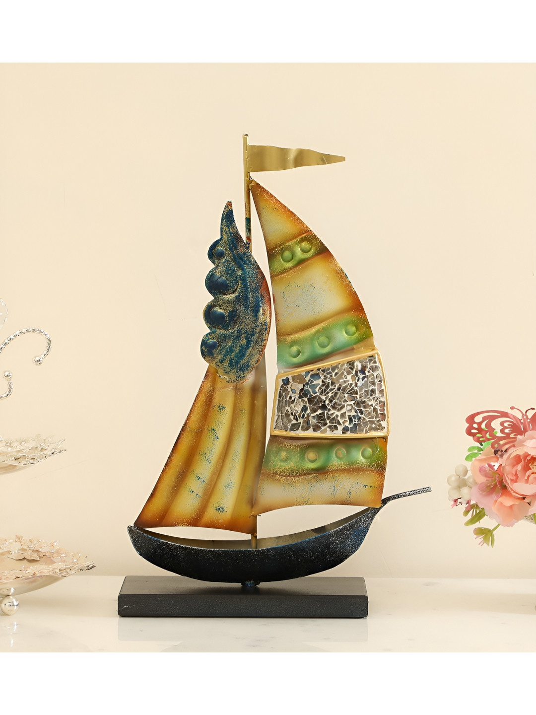 vedas Giriraj Boat Green Metal Metallic Living Room Large Showpiece - 16 Inches