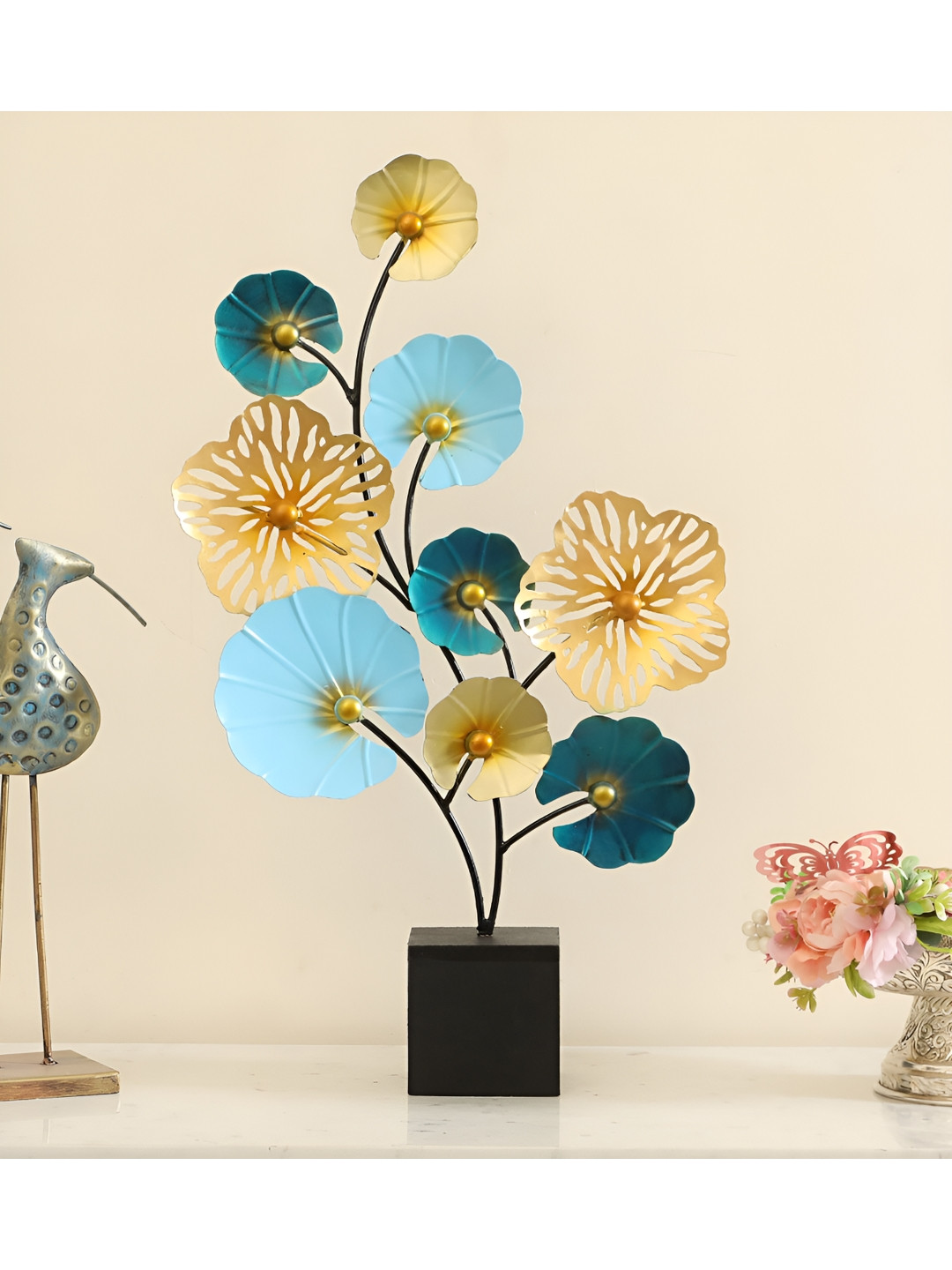 vedas F-Opal Flower Blue Metal Metallic Living Room Large Showpiece - 25 Inches