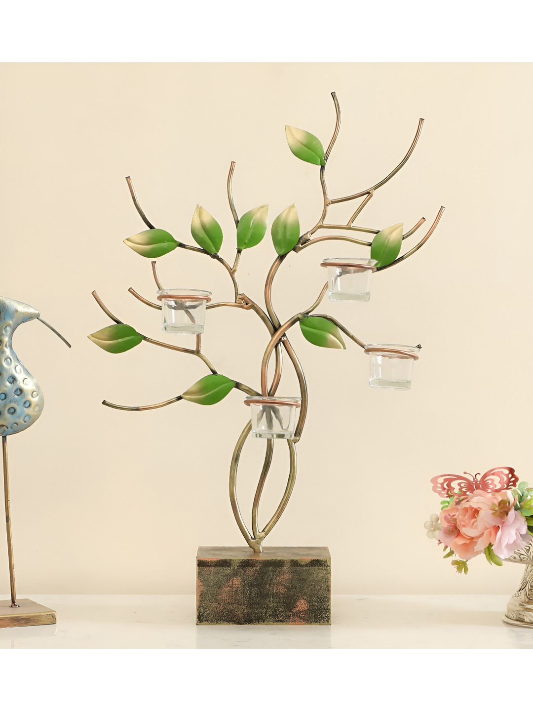 vedas T-Ganak Leaves with Tlights Green Metal Metallic Living Room Medium Showpiece - 24 Inches