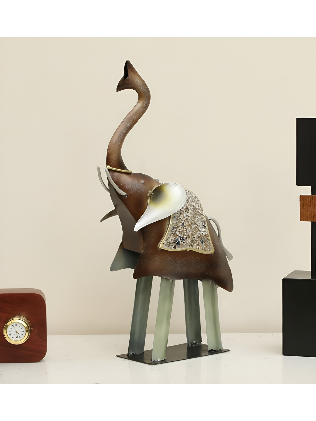 vedas F-Anaya Elephant Brown Metal Metallic Living Room Large Showpiece - 19 Inches