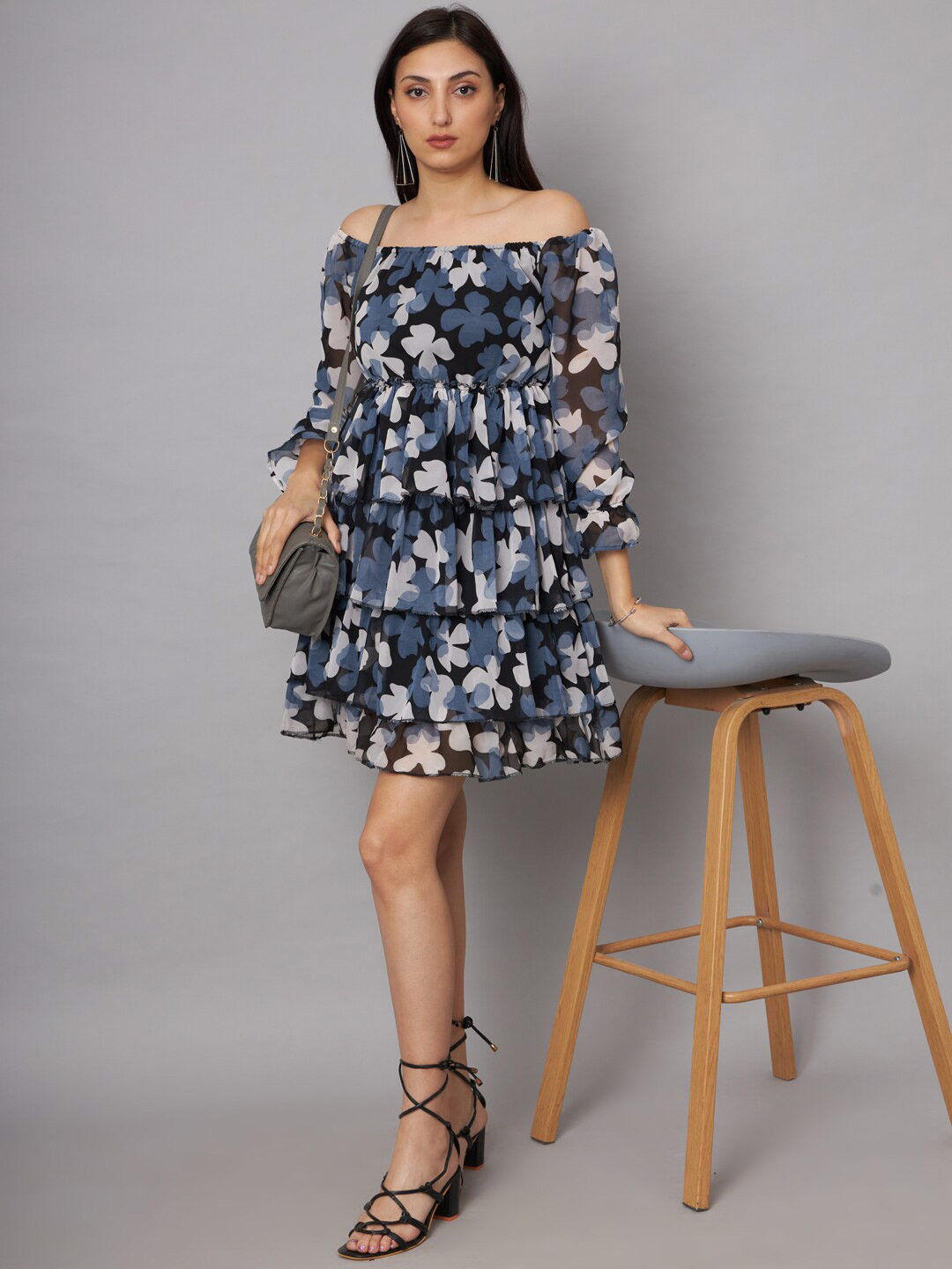 SHRIMAY Off-Shoulder Puff Sleeve Layred Fit & Flare Floral Dress