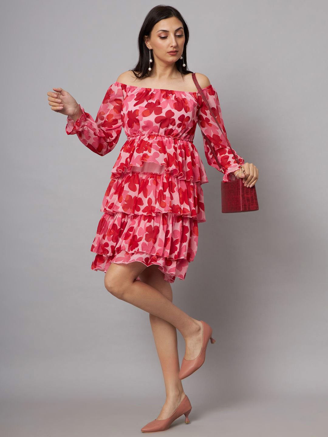 SHRIMAY Off-Shoulder Puff Sleeve Layred Fit & Flare Floral Dress