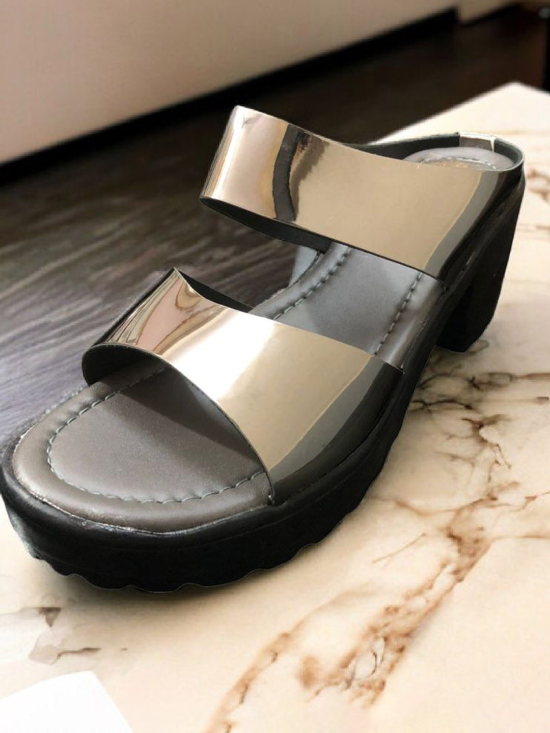 Glitzy Galz Two Strap Solid Block Sandal