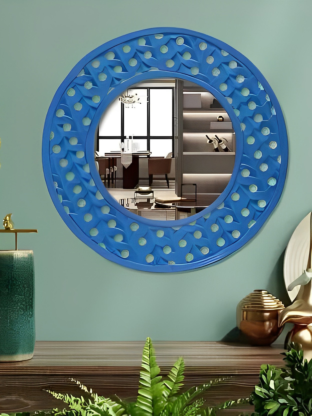VAS collection home Blue Round Wall Decor Mirror