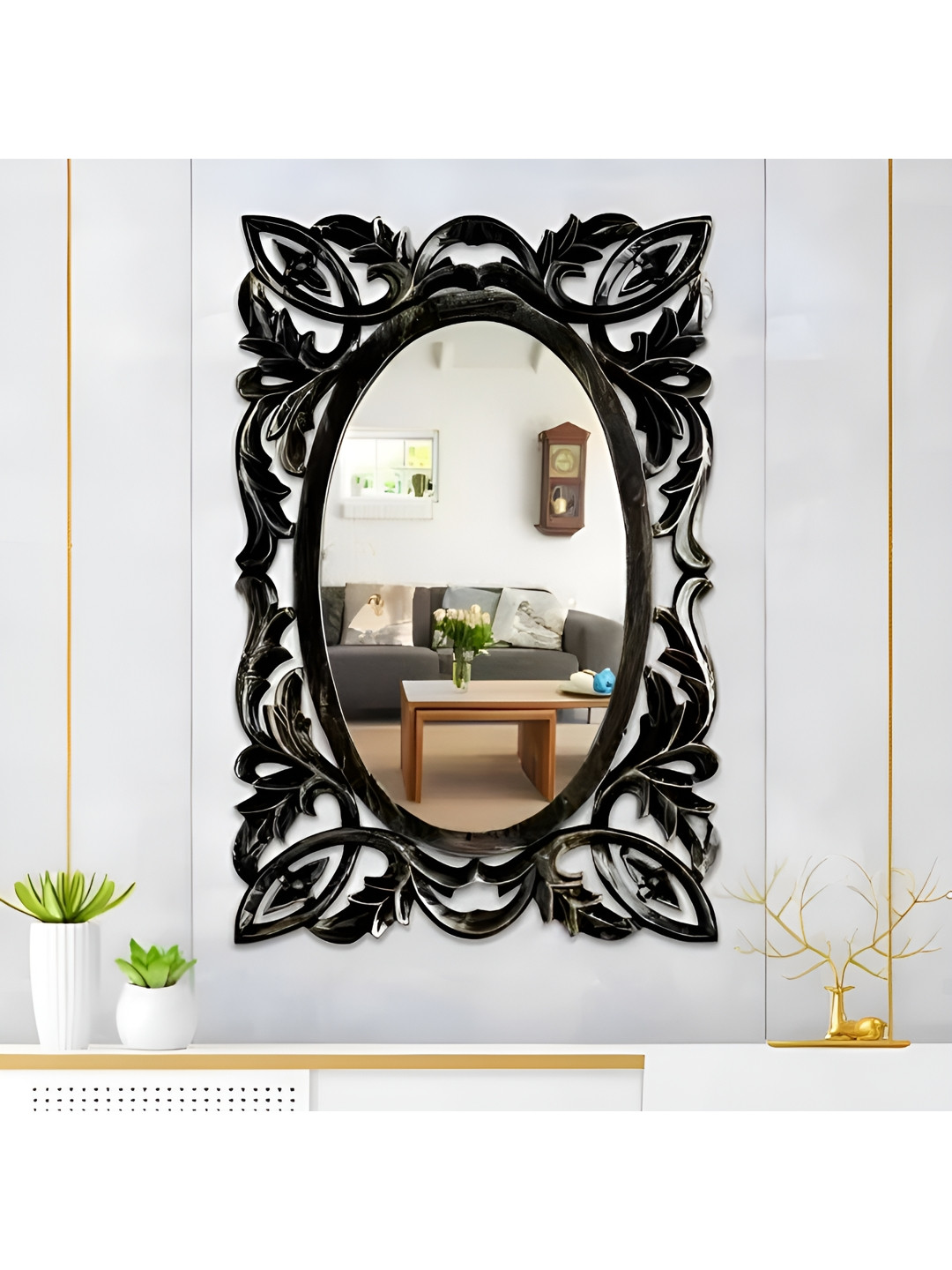 VAS collection home Black Floral Patterned Wooden Wall Mirror