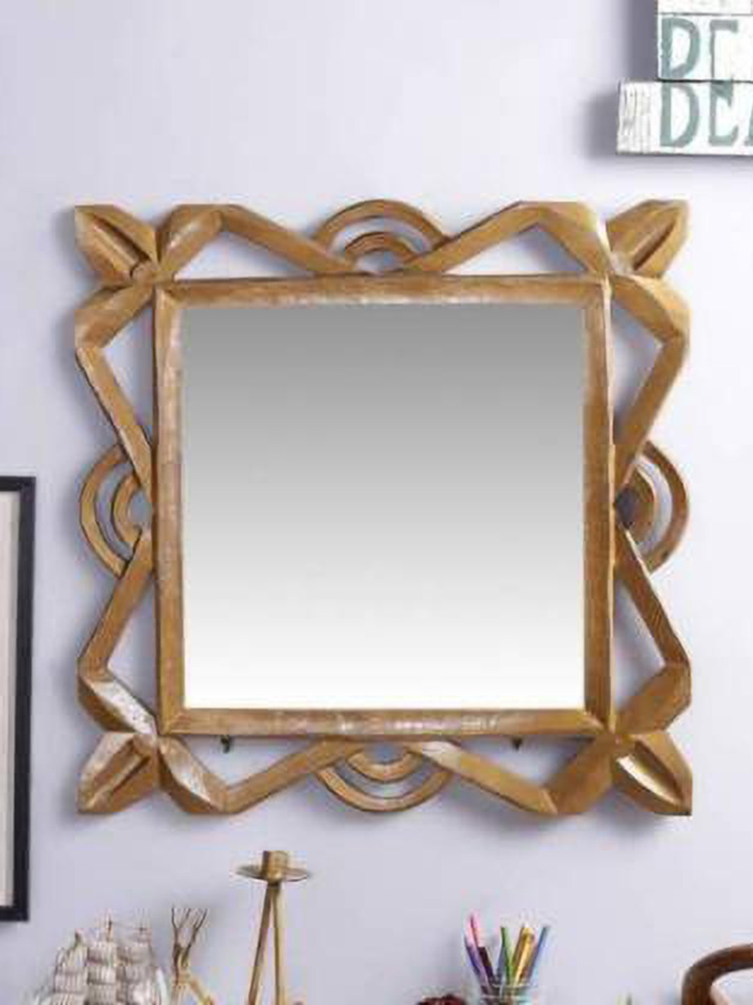 VAS collection home Self Design Wooden Decotaive Frame Mirror