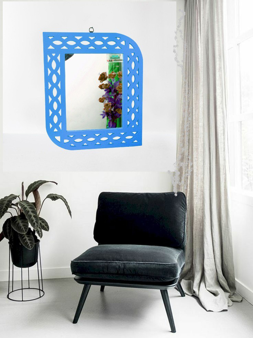 VAS collection home Blue Wall Self Design MDF Mirror Frame