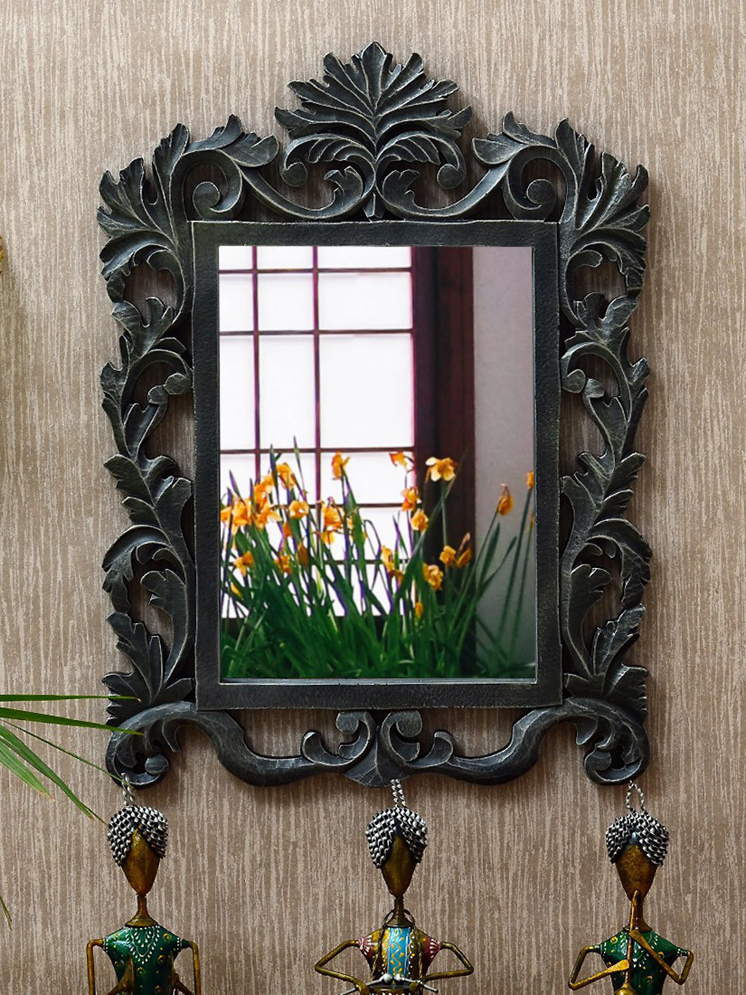 VAS collection home Black Self Design Wooden Decotaive Frame Mirror