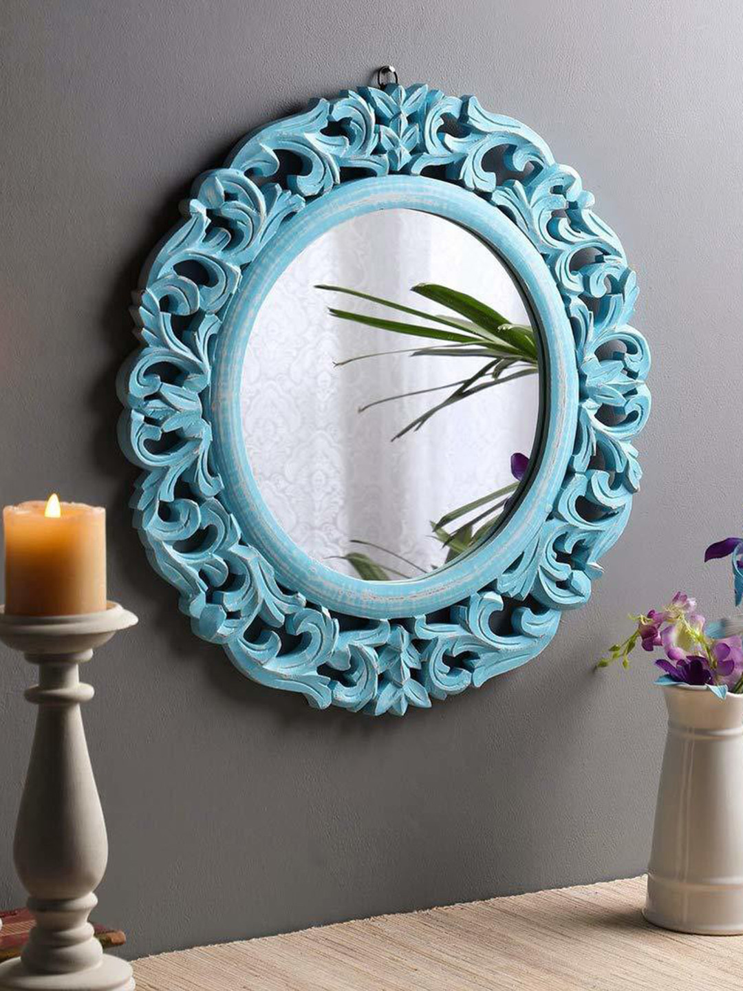VAS collection home Blue Self Design Wooden Decotaive Frame Mirror