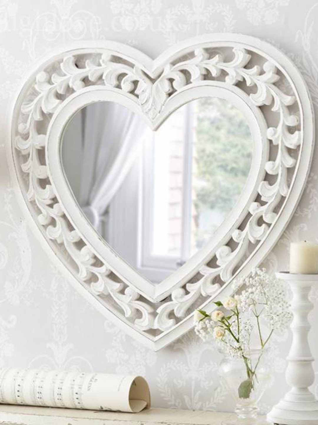 VAS collection home Ethnic Motifs White Self Design Wooden Wall Mirror