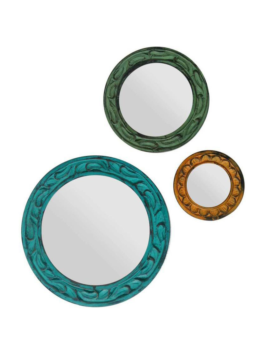 VAS collection home Pack of 3Blue & Green Self Design Wooden Decorative Wall Mirrors