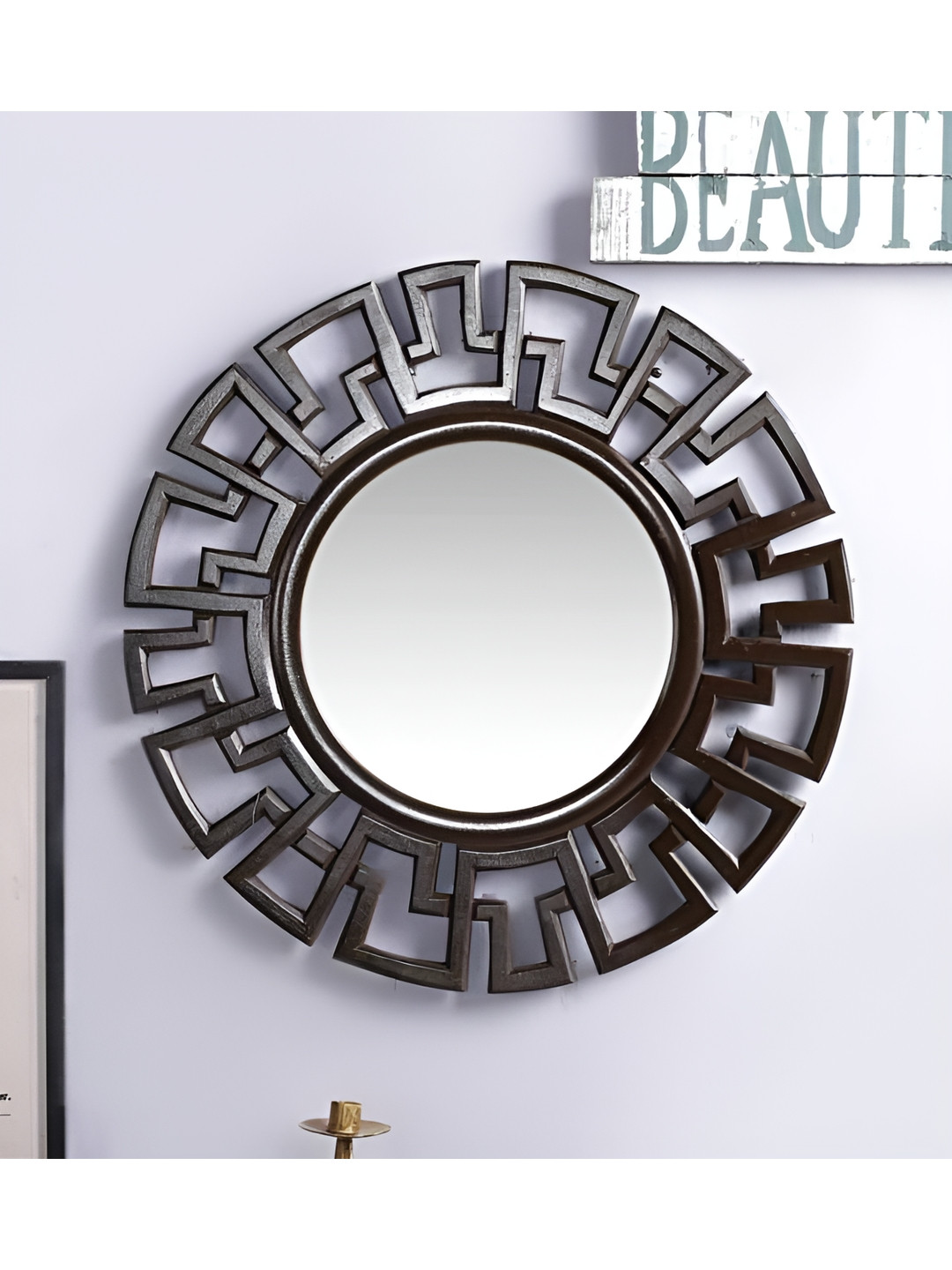 VAS collection home Black Texure Wooden Round Wall Mirror
