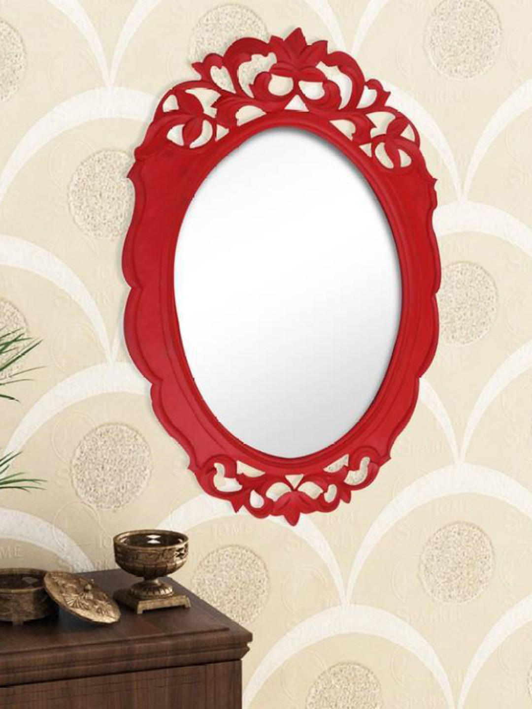 VAS collection home Red Floral Patterned Wooden Wall Mirror