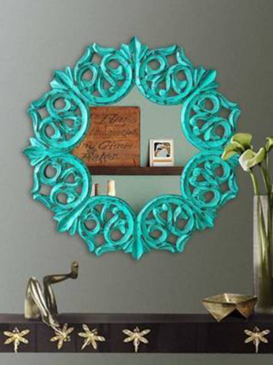 VAS collection home Blue Self Design Abstract Shaped Wooden Decorative Wall Mirror