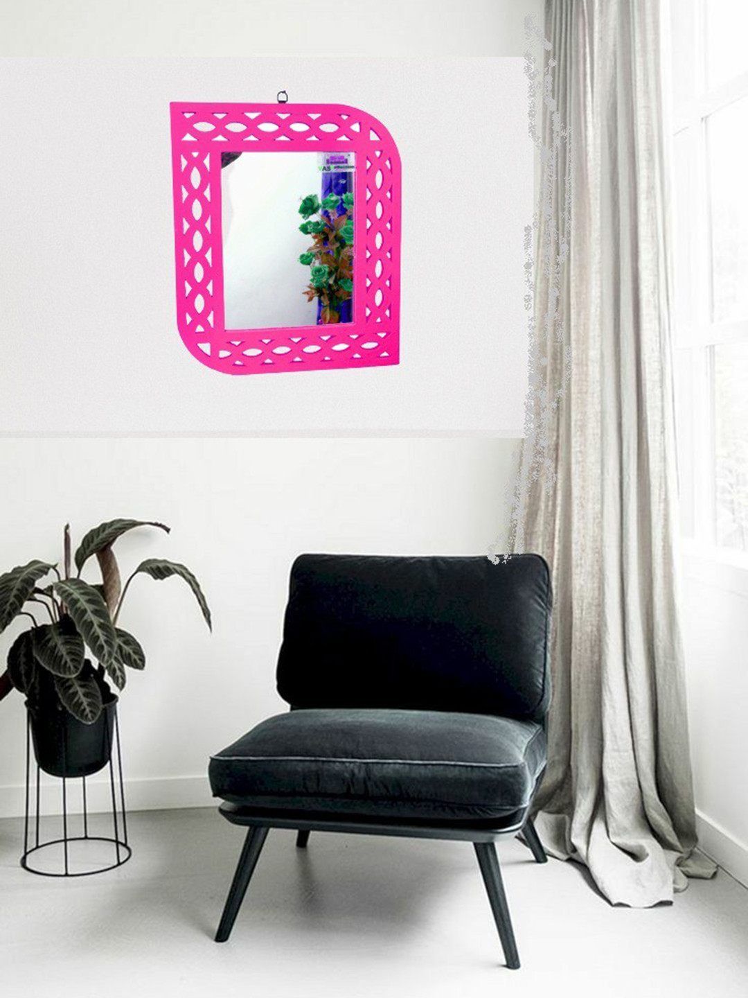 VAS collection home Pink Floral Patterned Wooden Wall Mirror