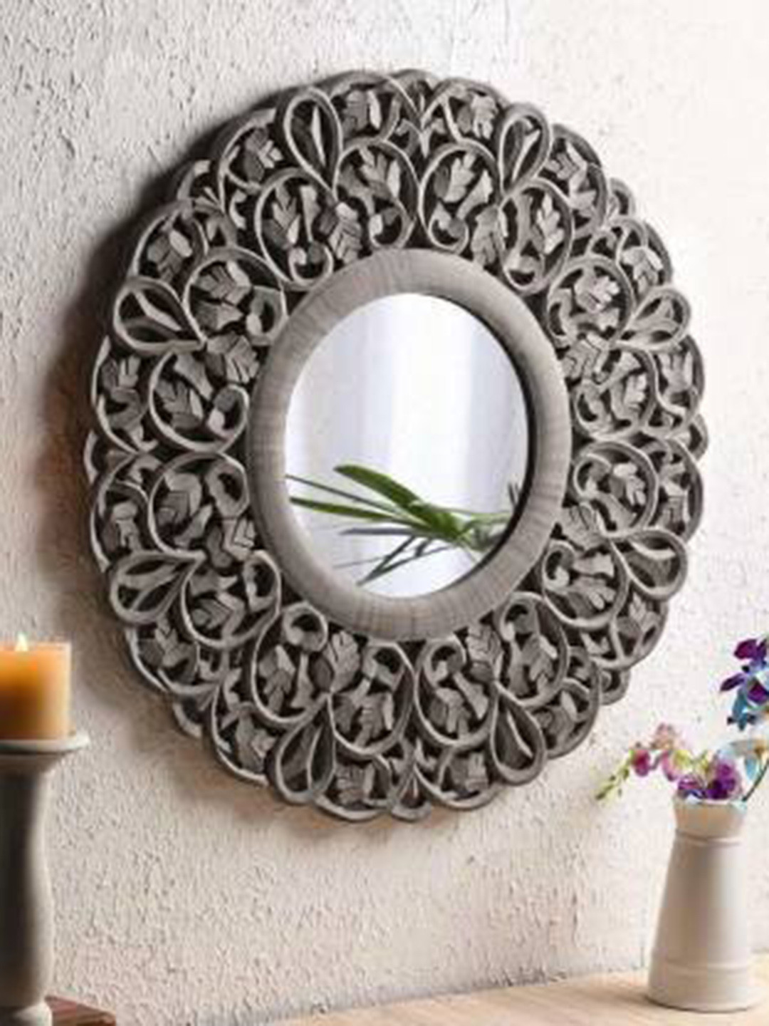 VAS collection home Ethnic Motifs Grey Textured Round Mirror