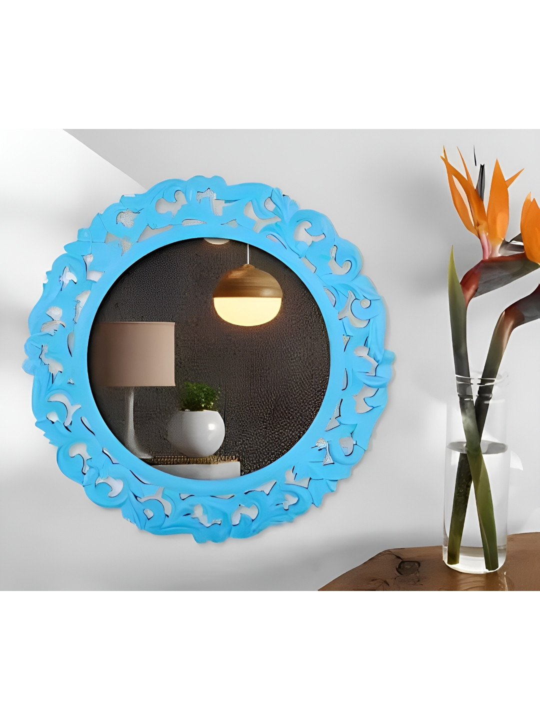VAS collection home Blue Self Design Wooden Decorative Wall Mirror