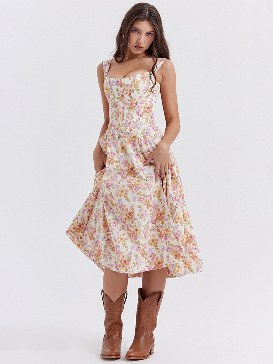 bebe Floral Print Shoulder Strap Slit Corset Fit & Flare Midi Dress