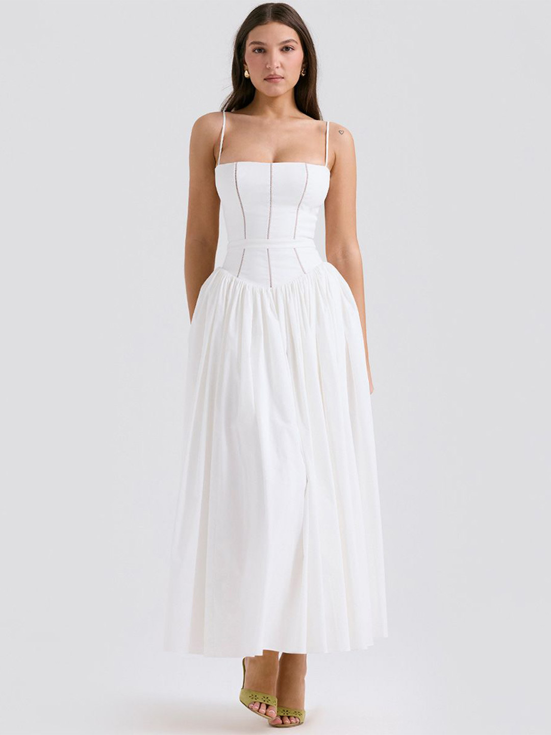 bebe white Spaghetti Strap Drop Waist Fit & Flare Maxi Dress