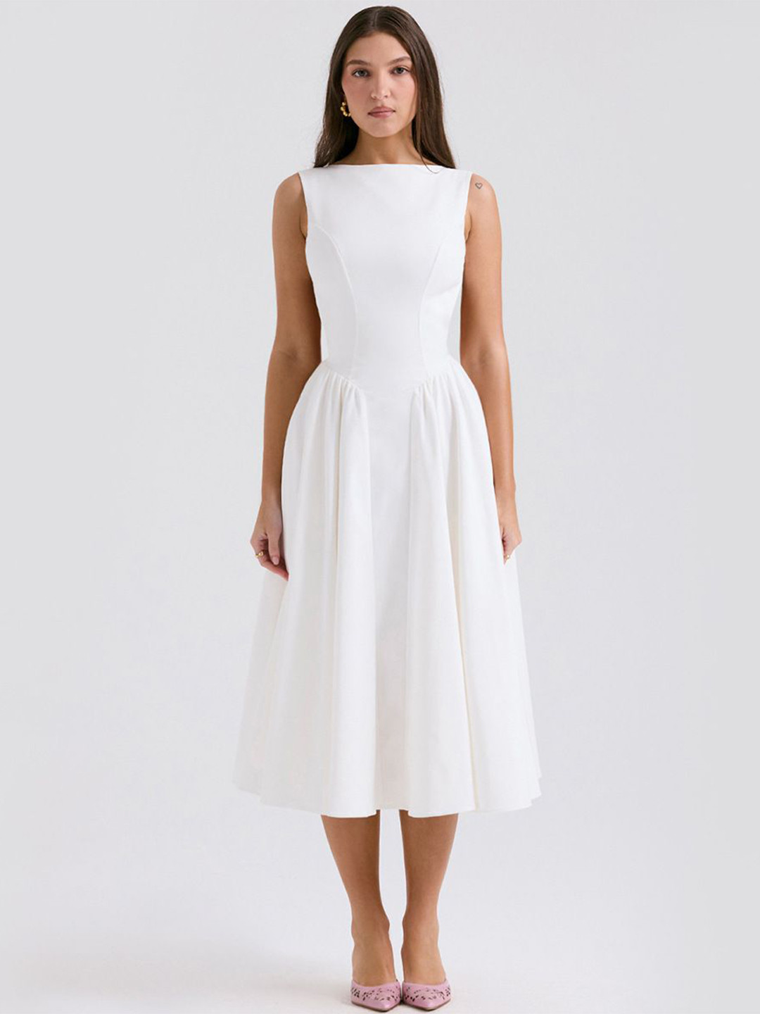 bebe White Boat Neck Sleeveless Fit & Flare Midi Dress