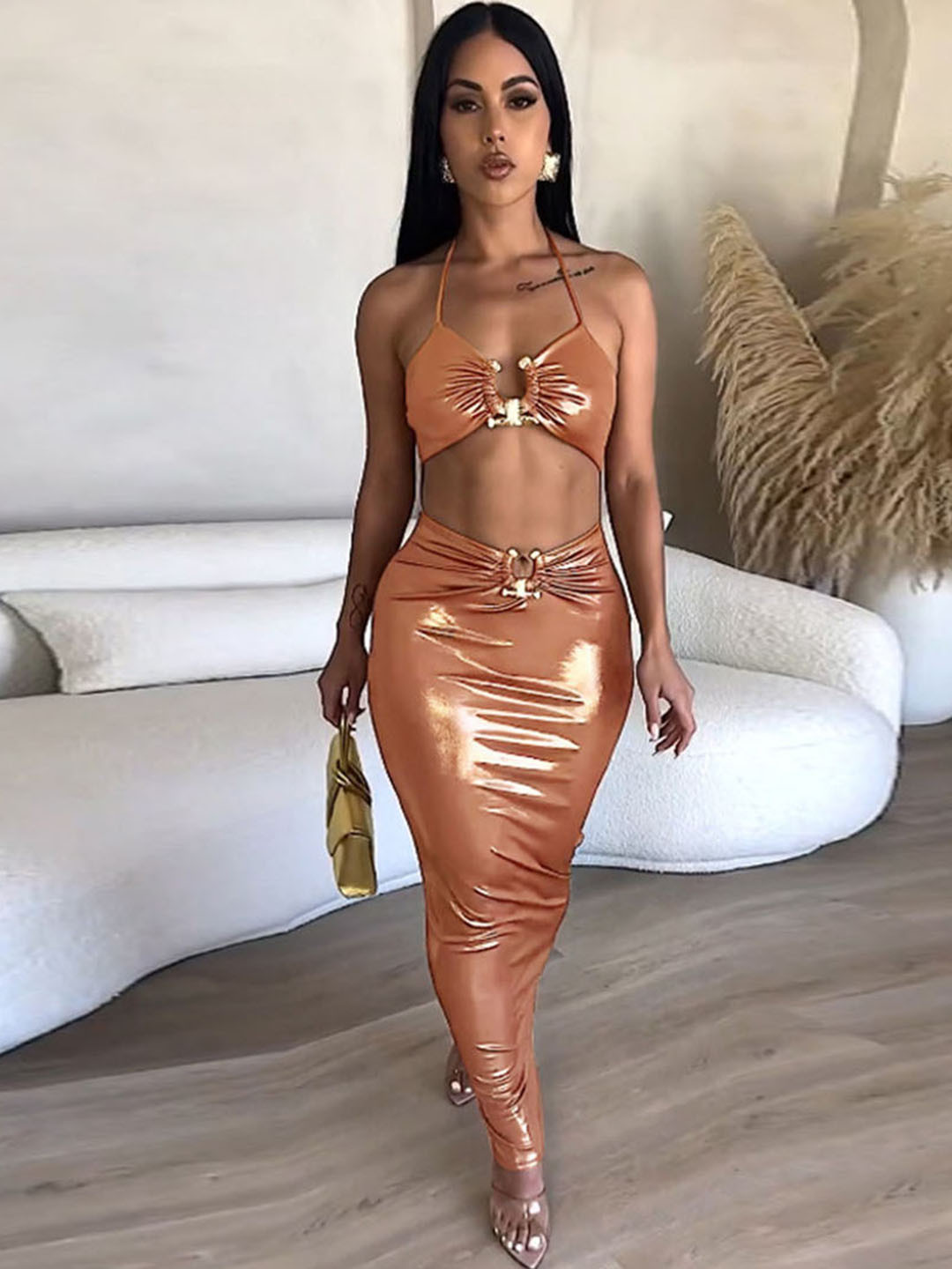 bebe Metallic bronze Cut-Out Halter Bodycon Maxi Dress