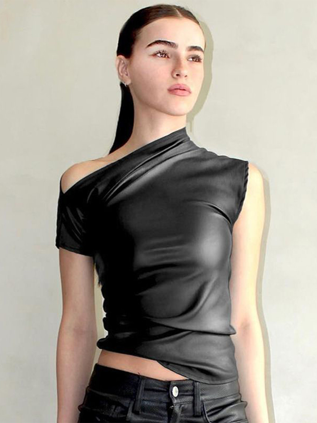 bebe Black PU Leather One-Shoulder Top