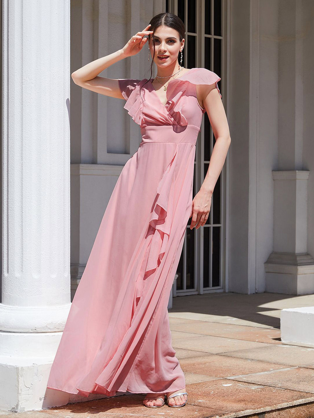 bebe women V-neck Pink A-line Ruffle Slit Maxi Dress