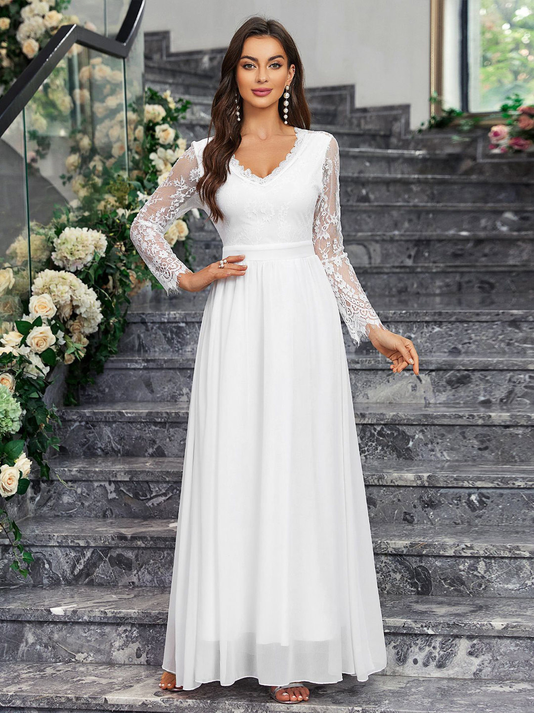 bebe White Lace V-Neck Full Sleeve Maxi Dress