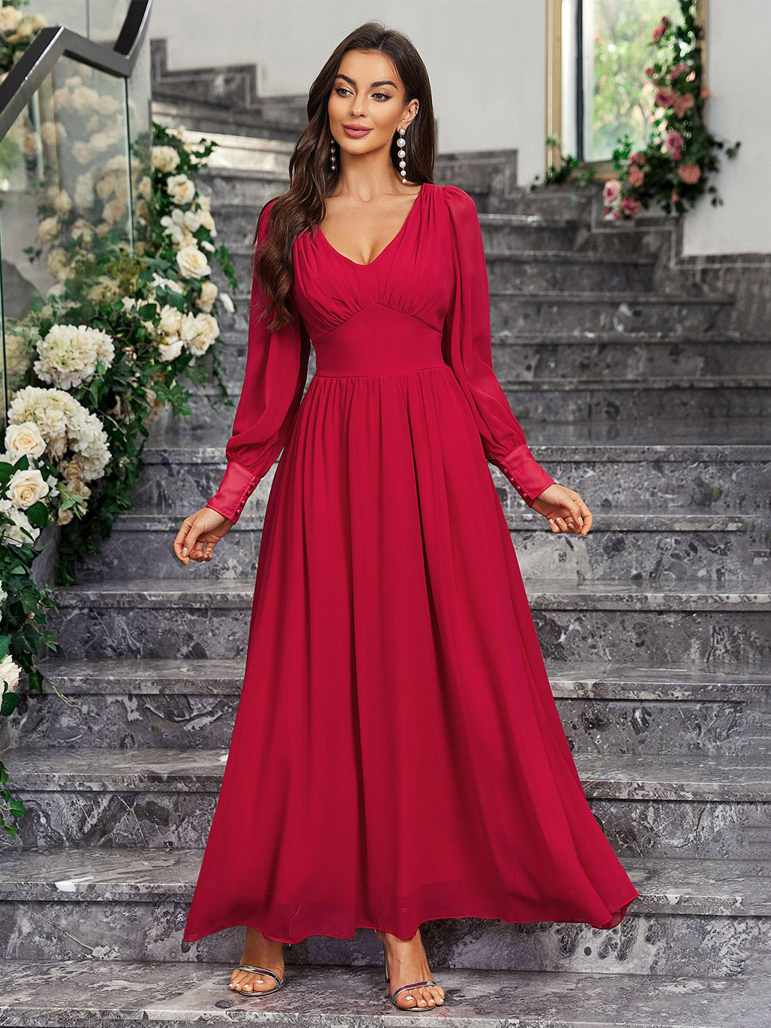 bebe Red Ruched V-Neck Balloon Sleeves Maxi Dress