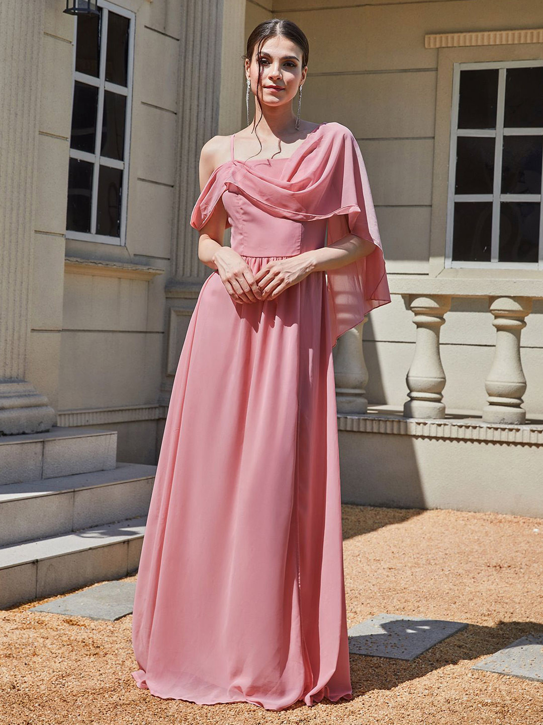 bebe Pink One-Shoulder Draped Cape Sleeve Maxi Dress