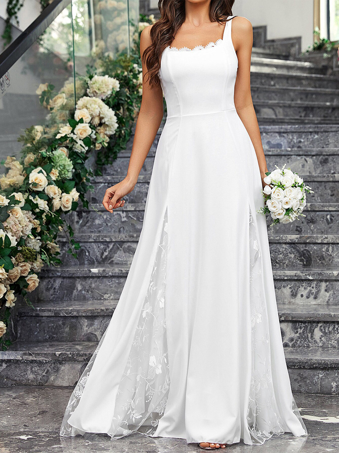 bebe White Scallop Square Neck Shoulder Strap Lace Panel Maxi Dress