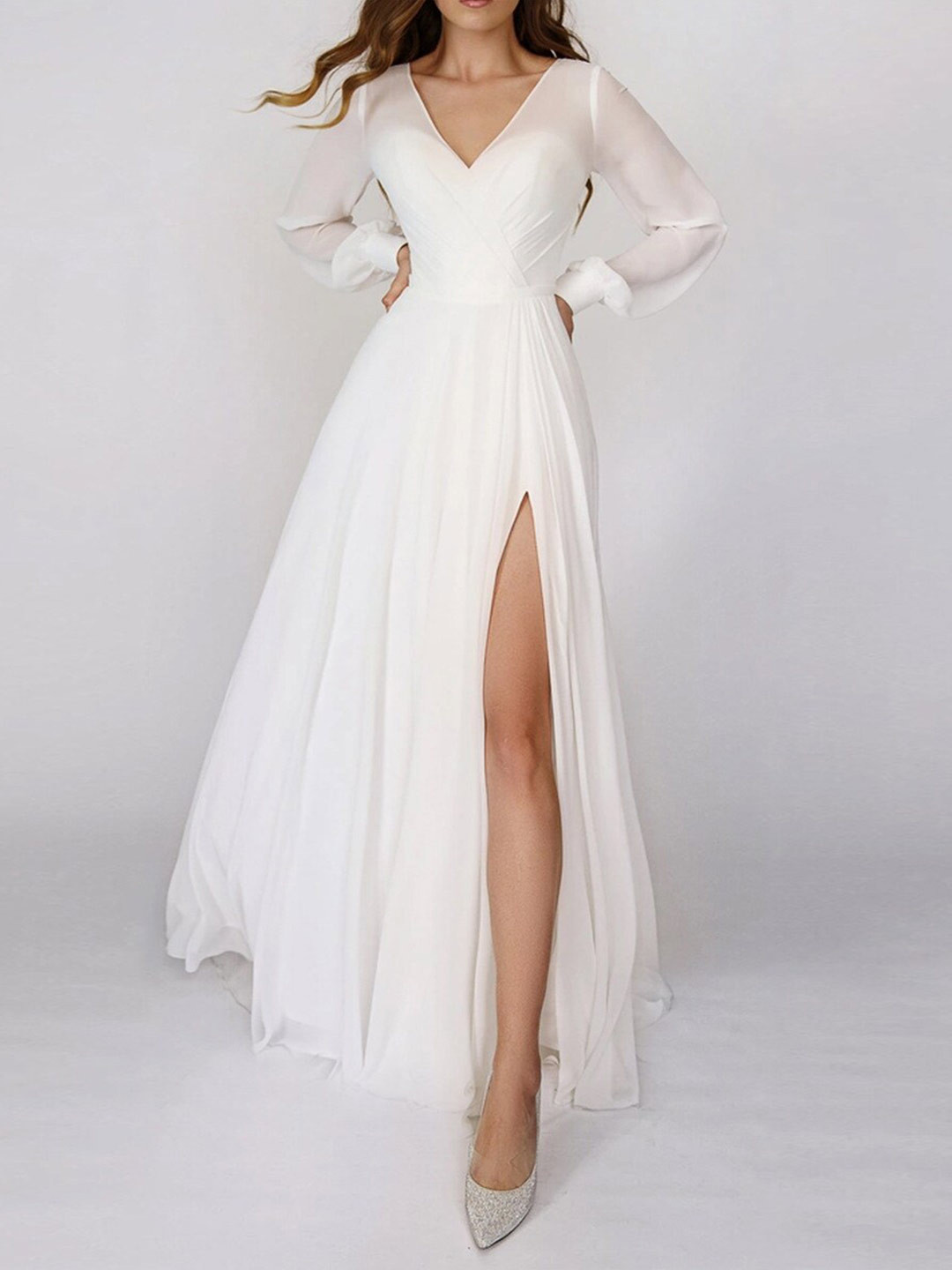 bebe White V-Neck Full Baloon Sleeve Wrap Style Slit Maxi Dress