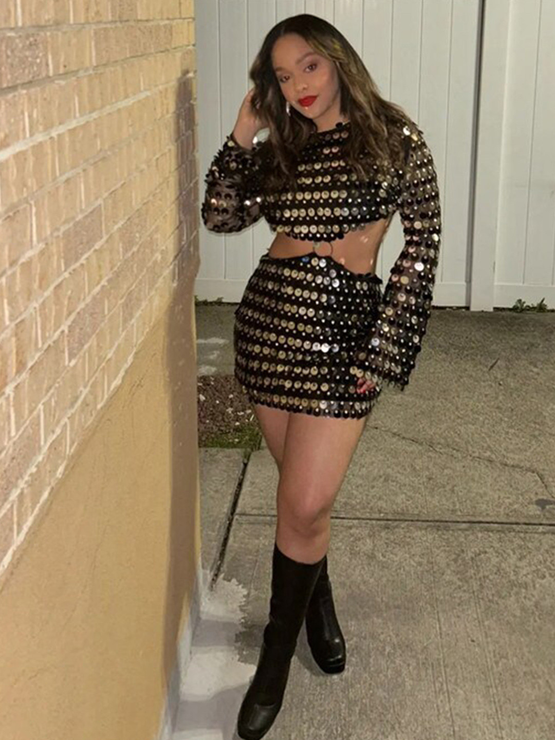 bebe Black Sequin Bell Sleeve O-Ring Cutout Mini Dress