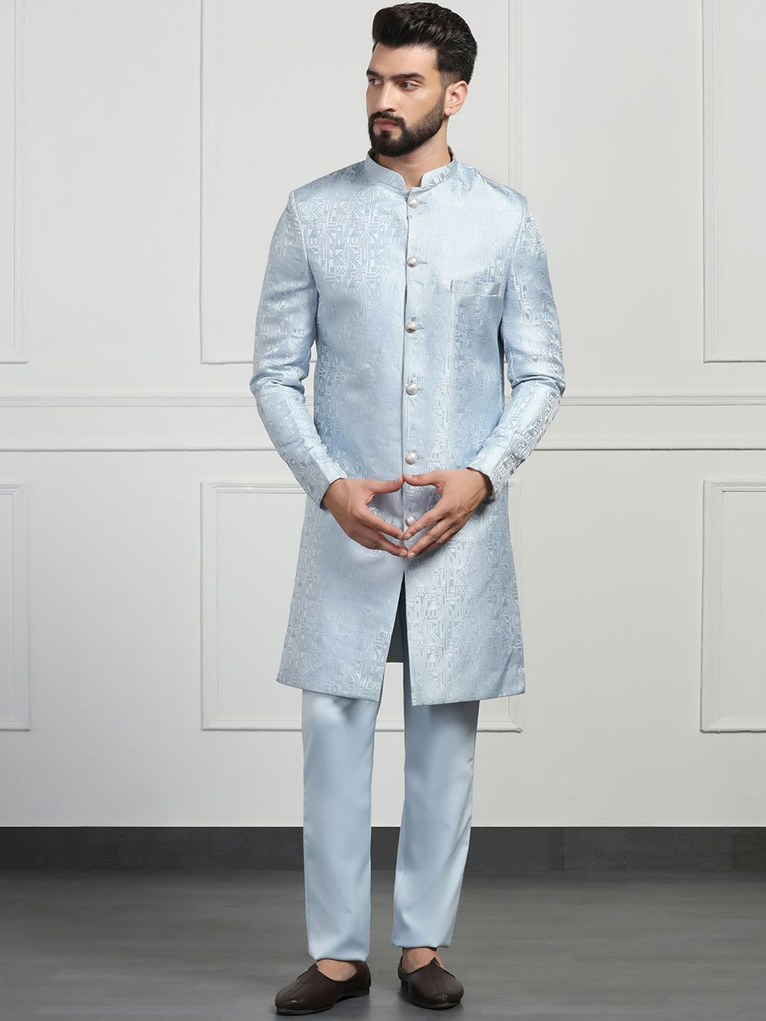 TAHVO Mens Embroidered Mndarin Collar Sherwani Set