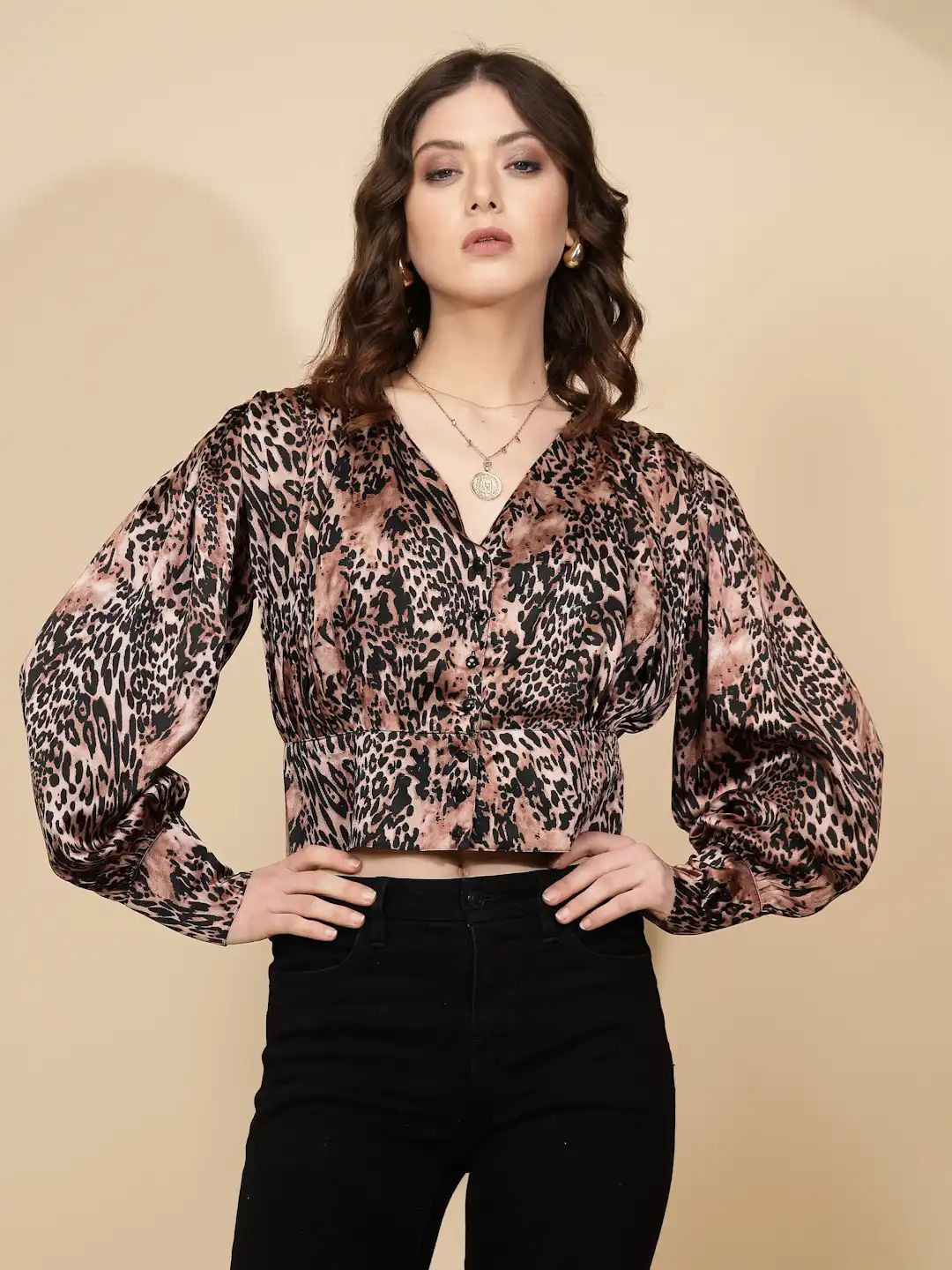 Global Republic Animal Print Crepe Blouson Crop Top