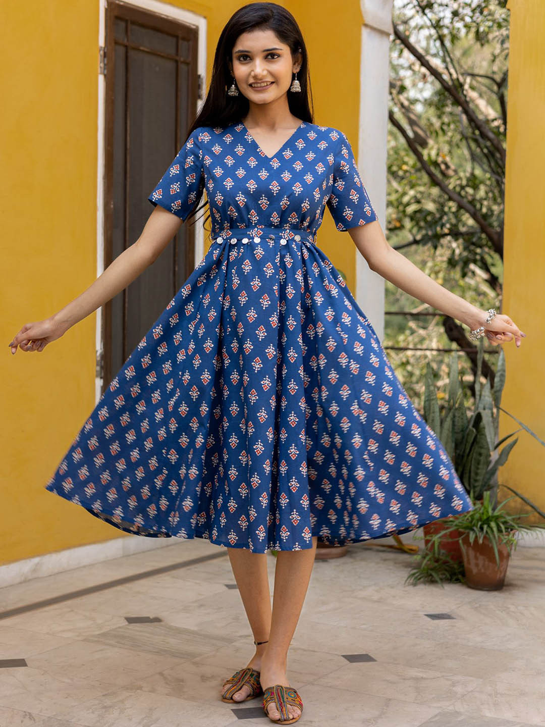 HERE&NOW Printed Cotton A-Line Midi Ethnic Blue Women Dresses