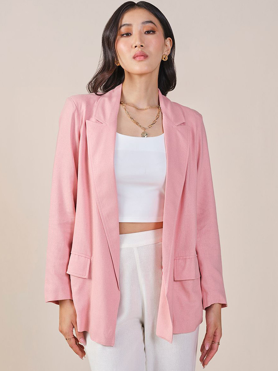 AND Women Floral Striped Viscose Rayon Longline Open Front Jacket with Patchwork