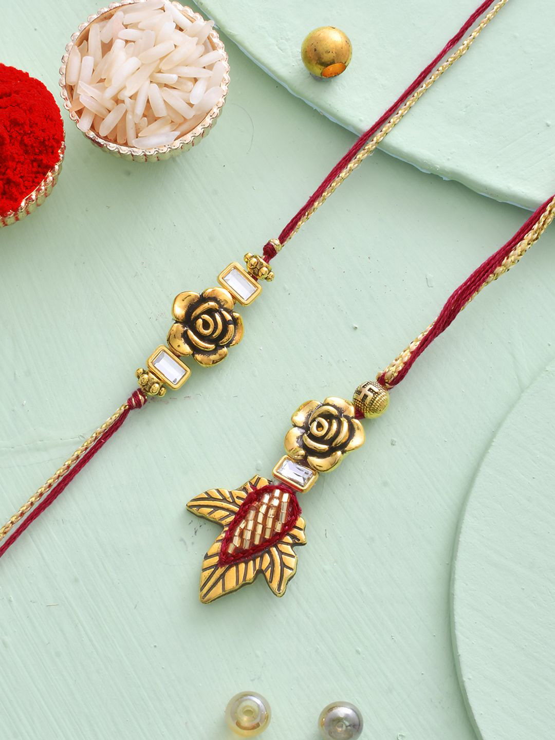 Aapno Rajasthan Beautiful Rose & Leaf Bhaiya Bhabhi Rakhi Set