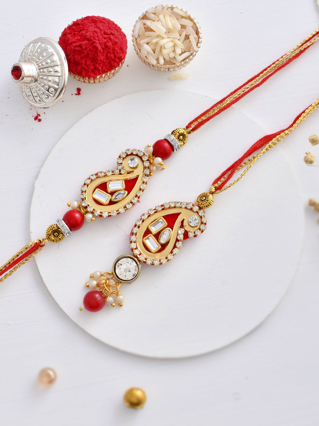 Aapno Rajasthan Scarlet Kundan & Beads Crafted Bhaiya Bhabhi Thread Rakhi Set