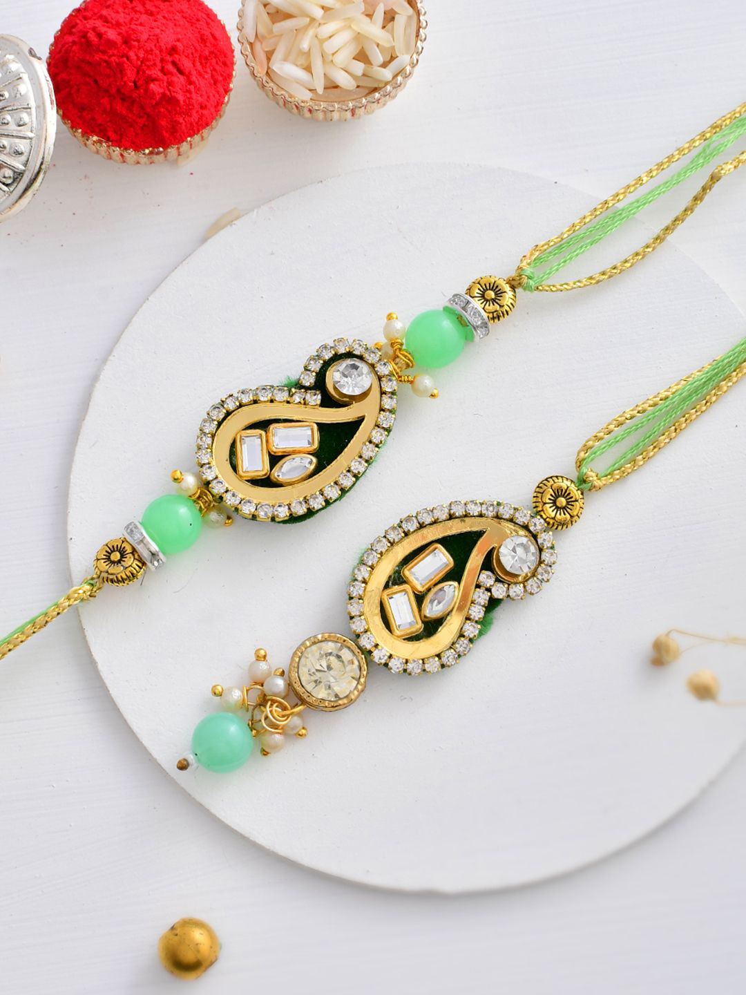 Aapno Rajasthan Beautiful Scarlet Kundan & Beads Crafted Bhaiya Bhabhi Thread Rakhi Set